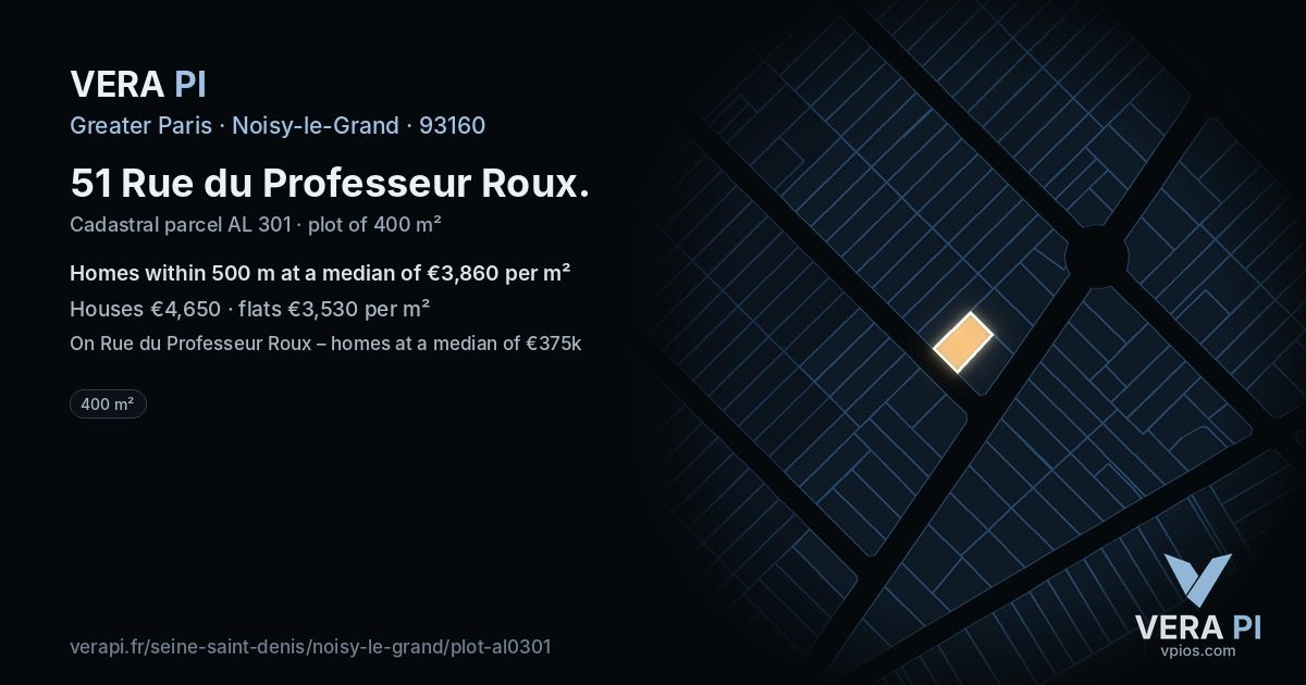 51 Rue du Professeur Roux, Noisy-le-Grand at night – the plot lit, the parcels around coloured by the prices near them