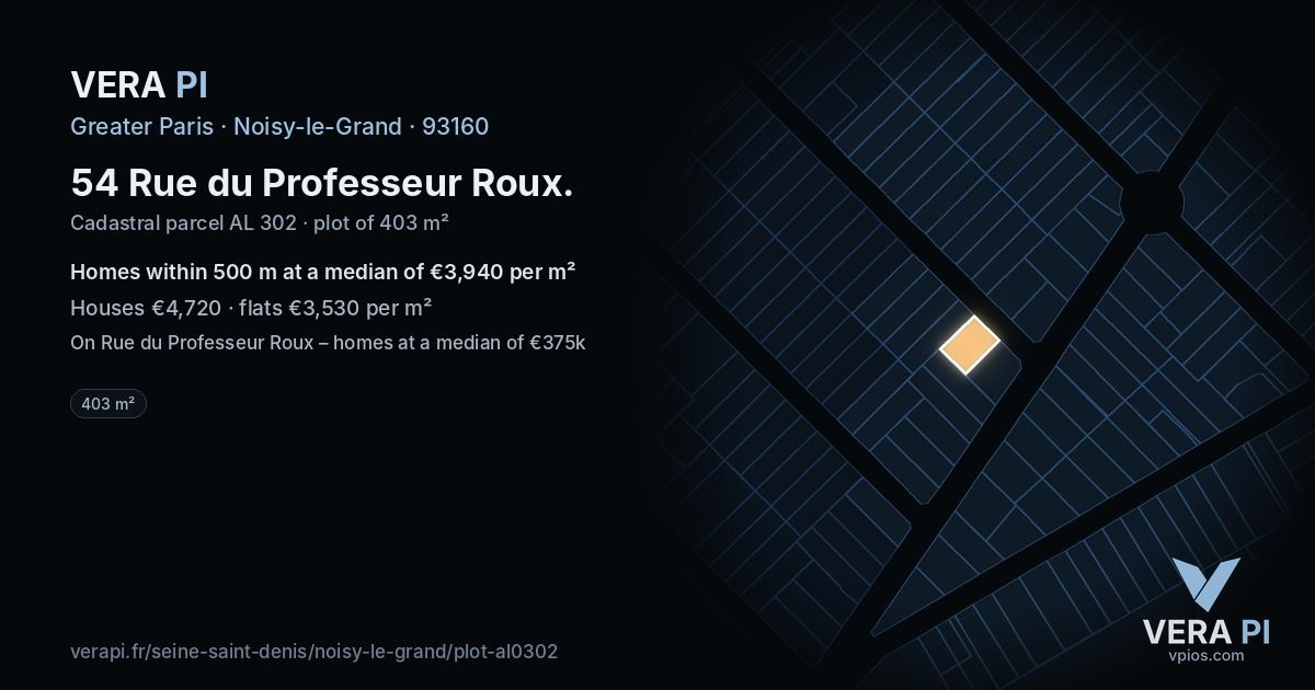 54 Rue du Professeur Roux, Noisy-le-Grand at night – the plot lit, the parcels around coloured by the prices near them