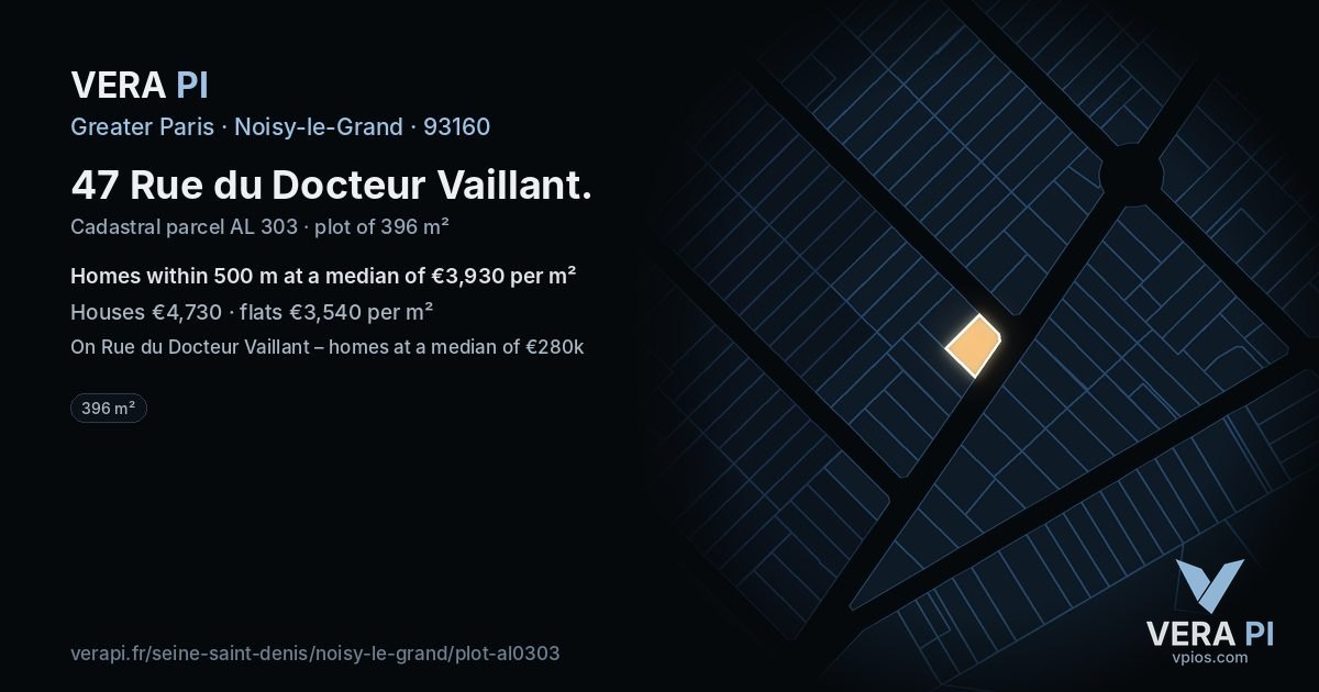 47 Rue du Docteur Vaillant, Noisy-le-Grand at night – the plot lit, the parcels around coloured by the prices near them