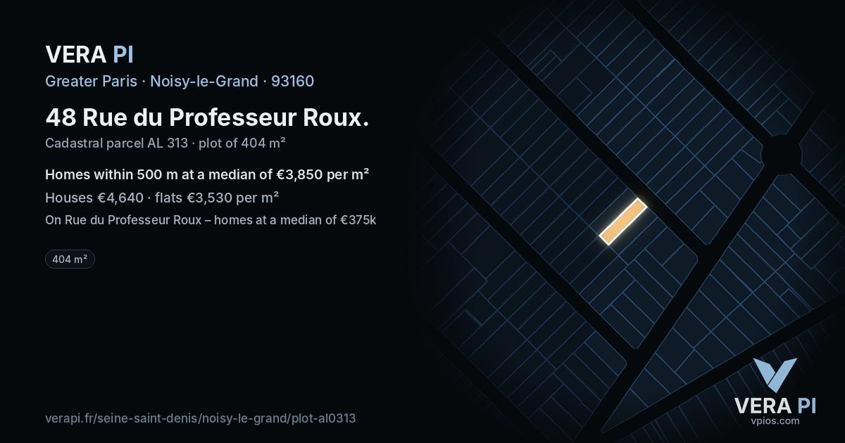 48 Rue du Professeur Roux, Noisy-le-Grand at night – the plot lit, the parcels around coloured by the prices near them