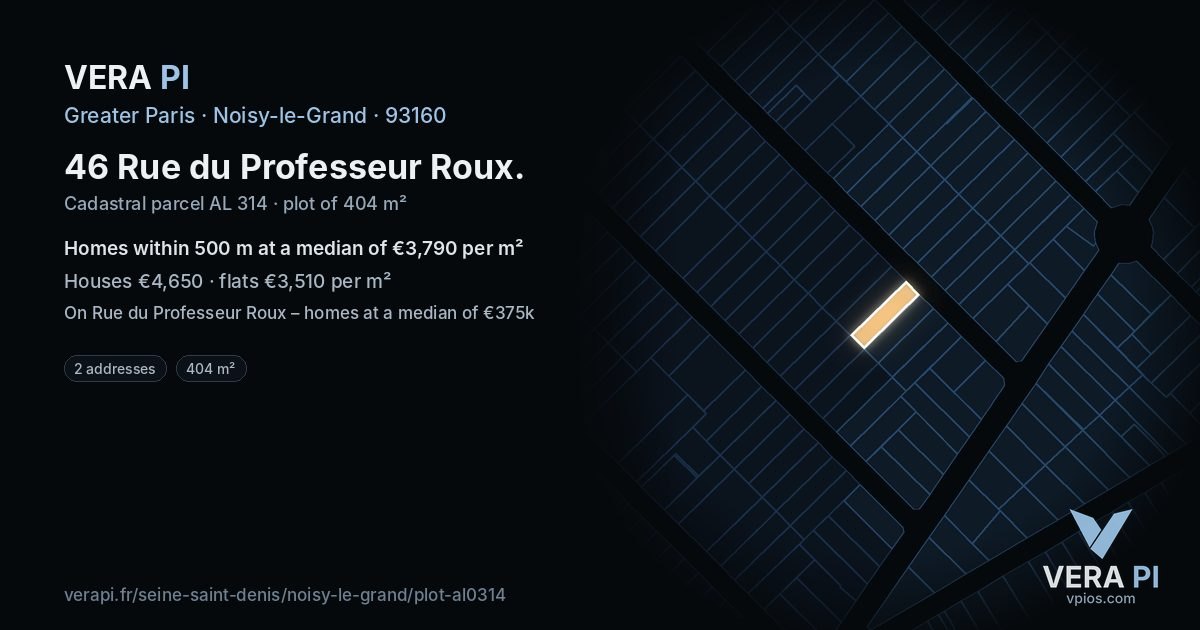 46 Rue du Professeur Roux, Noisy-le-Grand at night – the plot lit, the parcels around coloured by the prices near them