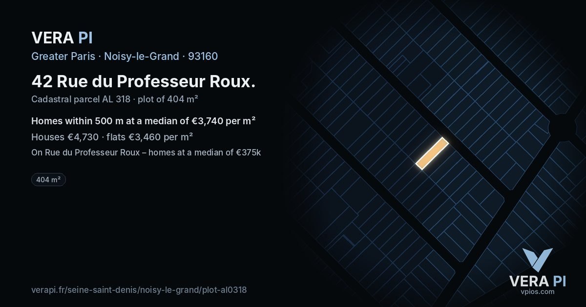 42 Rue du Professeur Roux, Noisy-le-Grand at night – the plot lit, the parcels around coloured by the prices near them