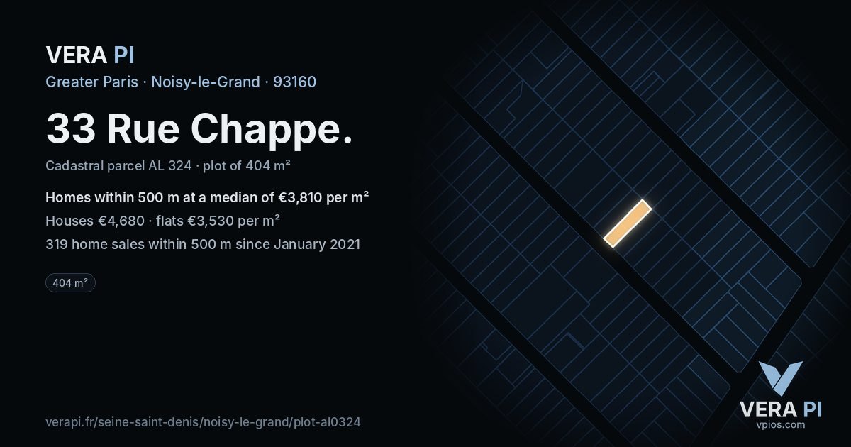 33 Rue Chappe, Noisy-le-Grand at night – the plot lit, the parcels around coloured by the prices near them