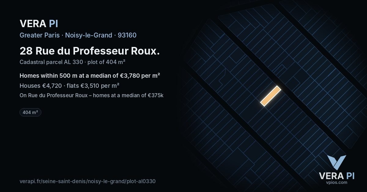 28 Rue du Professeur Roux, Noisy-le-Grand at night – the plot lit, the parcels around coloured by the prices near them