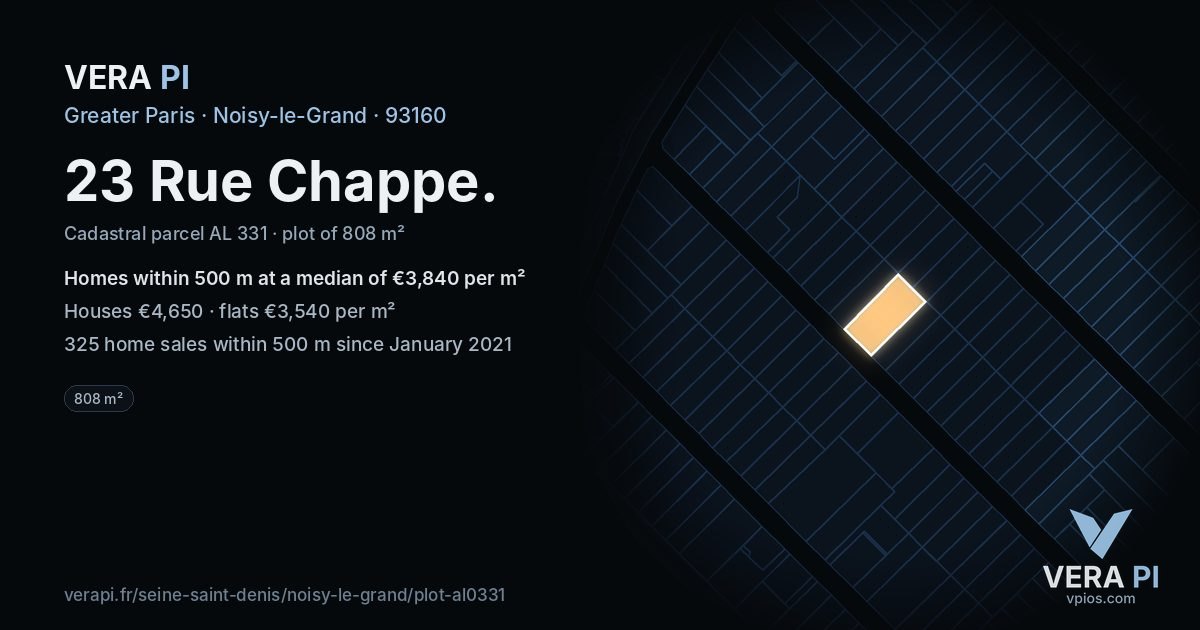 23 Rue Chappe, Noisy-le-Grand at night – the plot lit, the parcels around coloured by the prices near them