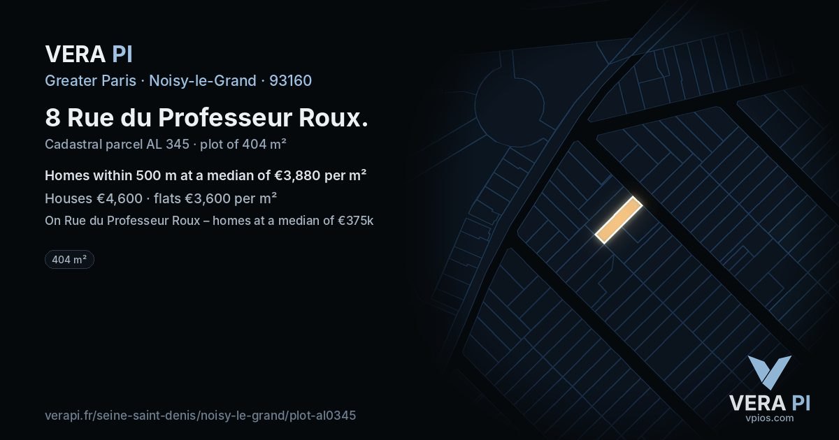 8 Rue du Professeur Roux, Noisy-le-Grand at night – the plot lit, the parcels around coloured by the prices near them