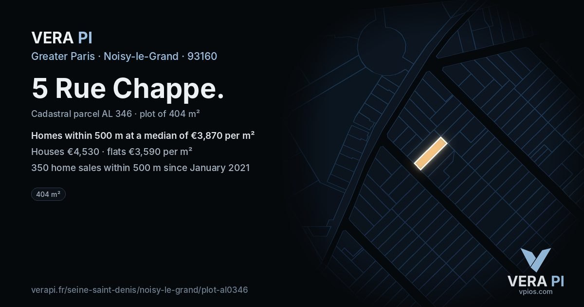 5 Rue Chappe, Noisy-le-Grand at night – the plot lit, the parcels around coloured by the prices near them