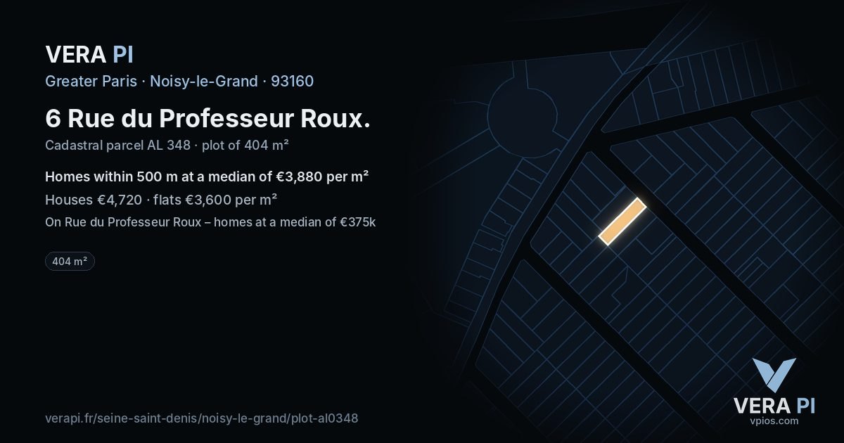 6 Rue du Professeur Roux, Noisy-le-Grand at night – the plot lit, the parcels around coloured by the prices near them