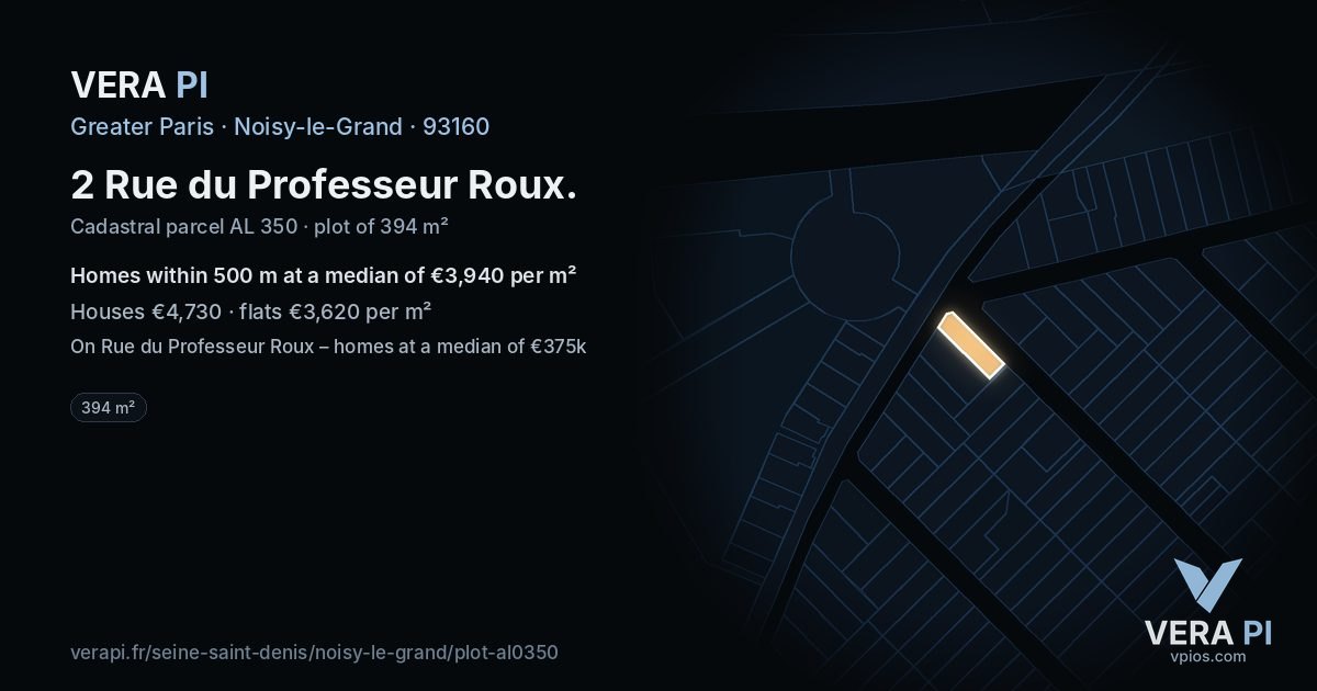 2 Rue du Professeur Roux, Noisy-le-Grand at night – the plot lit, the parcels around coloured by the prices near them