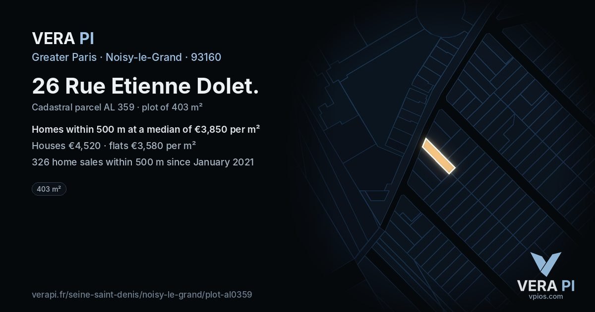 26 Rue Etienne Dolet, Noisy-le-Grand at night – the plot lit, the parcels around coloured by the prices near them