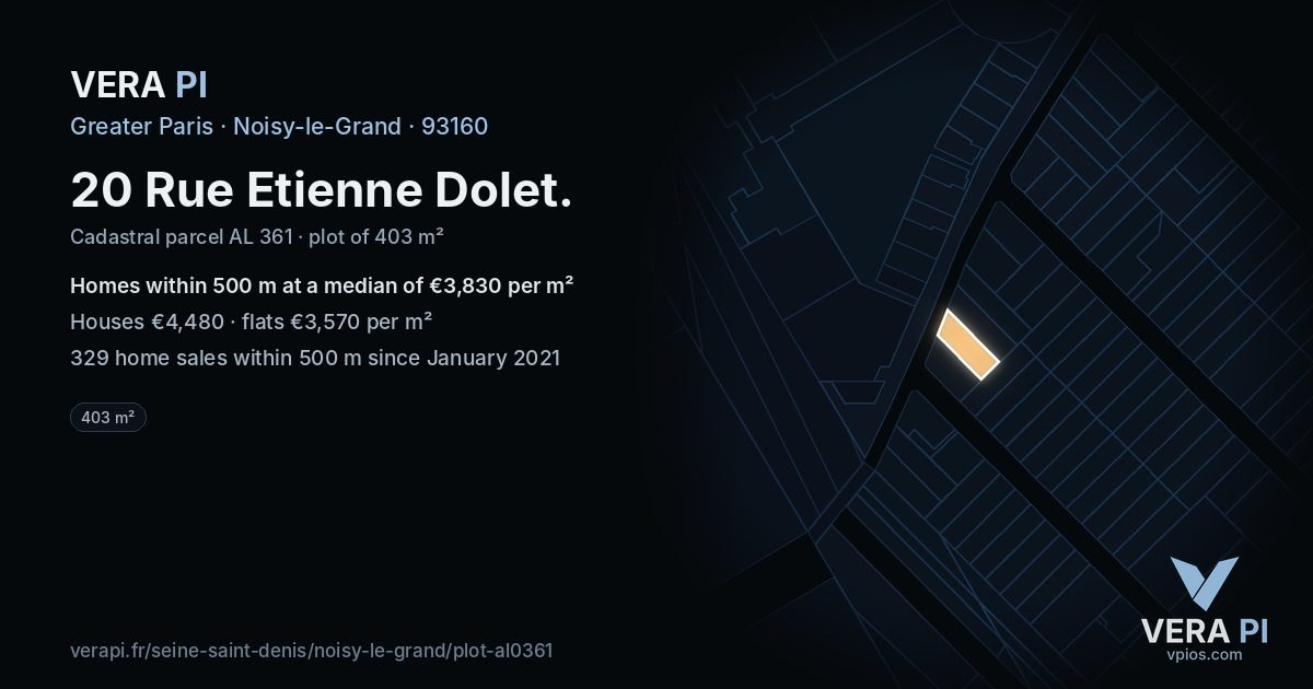 20 Rue Etienne Dolet, Noisy-le-Grand at night – the plot lit, the parcels around coloured by the prices near them