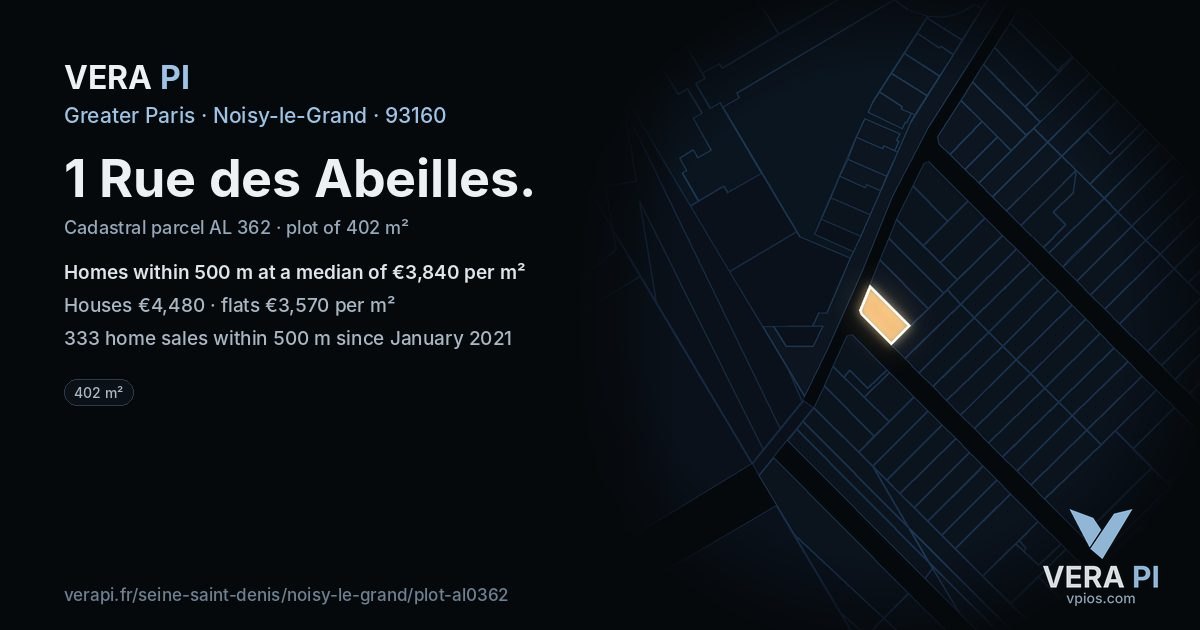 1 Rue des Abeilles, Noisy-le-Grand at night – the plot lit, the parcels around coloured by the prices near them