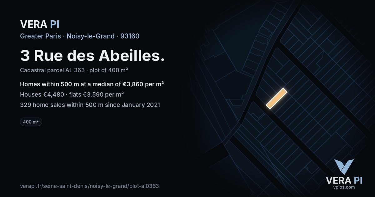 3 Rue des Abeilles, Noisy-le-Grand at night – the plot lit, the parcels around coloured by the prices near them