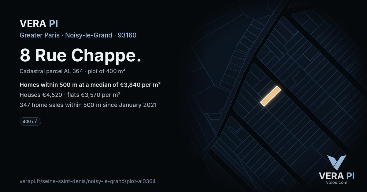 8 Rue Chappe, Noisy-le-Grand at night – the plot lit, the parcels around coloured by the prices near them