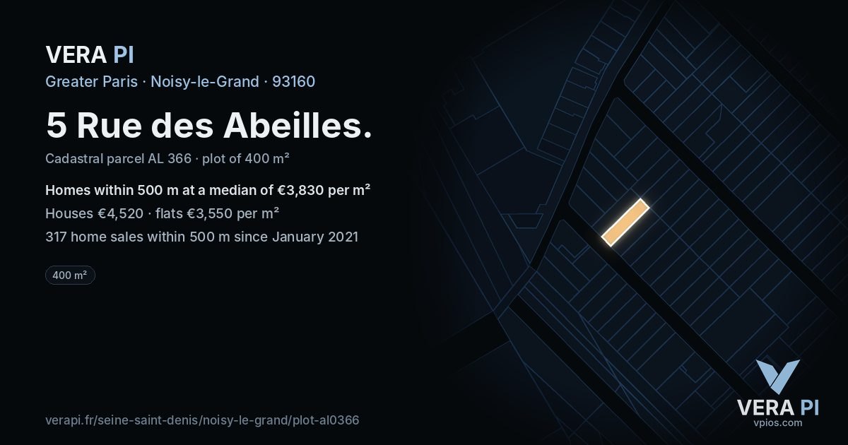 5 Rue des Abeilles, Noisy-le-Grand at night – the plot lit, the parcels around coloured by the prices near them