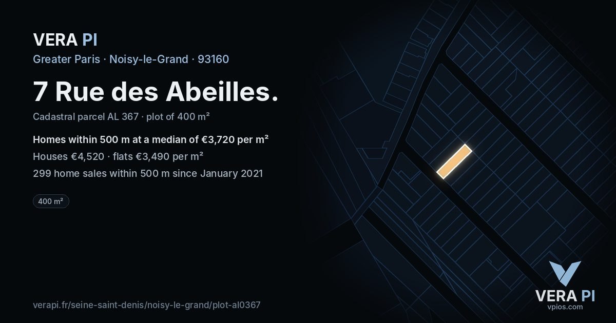 7 Rue des Abeilles, Noisy-le-Grand at night – the plot lit, the parcels around coloured by the prices near them