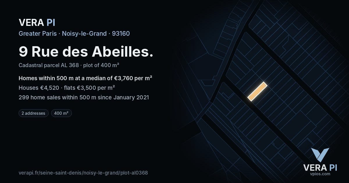 9 Rue des Abeilles, Noisy-le-Grand at night – the plot lit, the parcels around coloured by the prices near them
