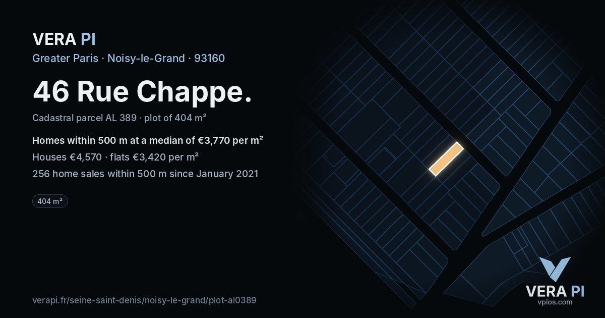 46 Rue Chappe, Noisy-le-Grand at night – the plot lit, the parcels around coloured by the prices near them