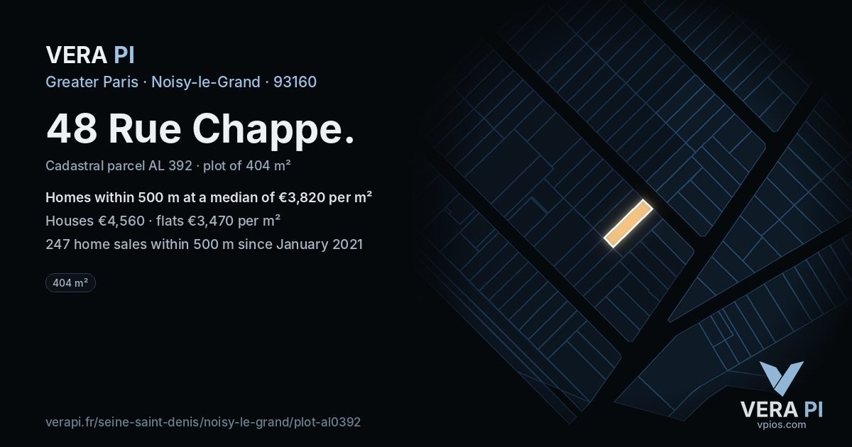 48 Rue Chappe, Noisy-le-Grand at night – the plot lit, the parcels around coloured by the prices near them