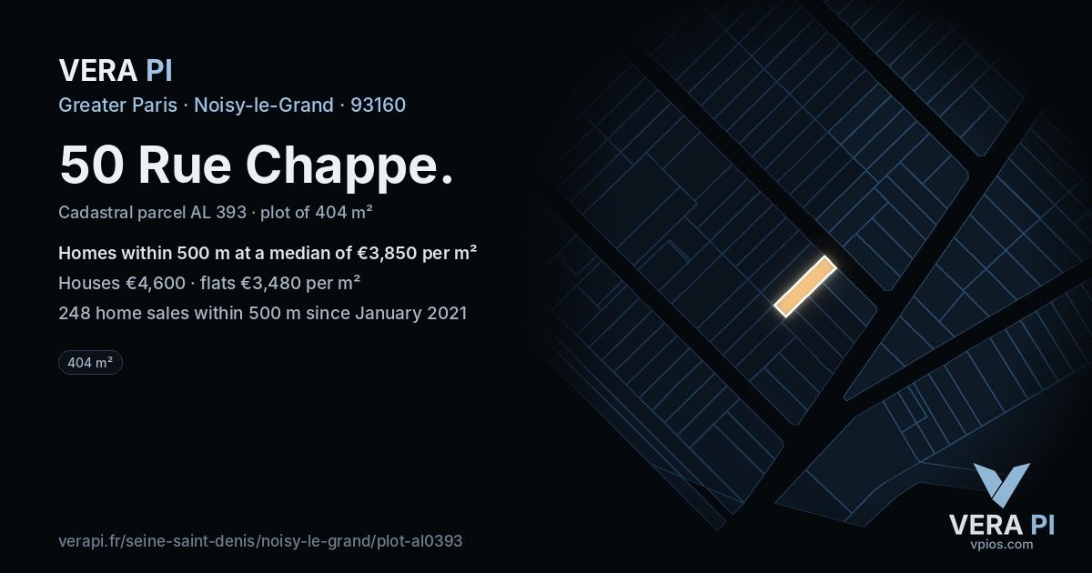 50 Rue Chappe, Noisy-le-Grand at night – the plot lit, the parcels around coloured by the prices near them
