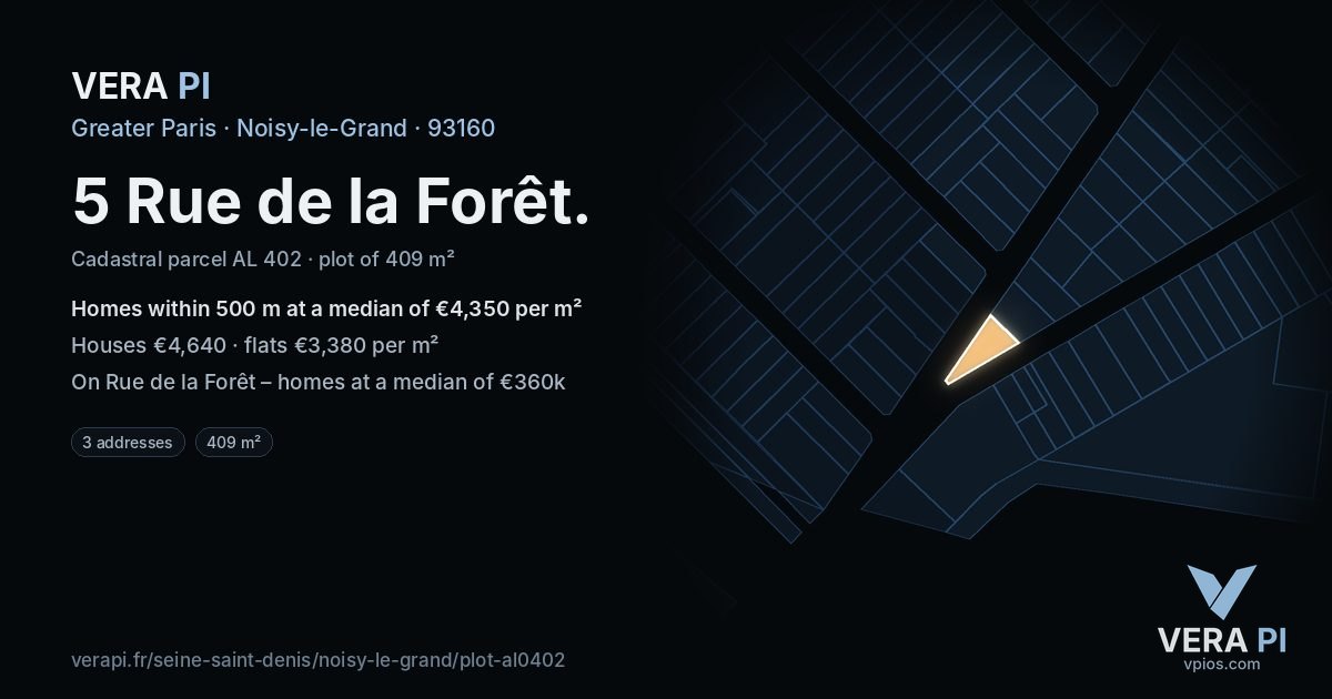 5 Rue de la Forêt, Noisy-le-Grand at night – the plot lit, the parcels around coloured by the prices near them
