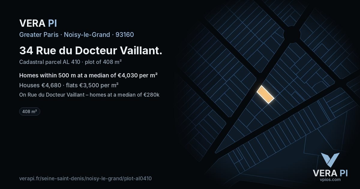 34 Rue du Docteur Vaillant, Noisy-le-Grand at night – the plot lit, the parcels around coloured by the prices near them