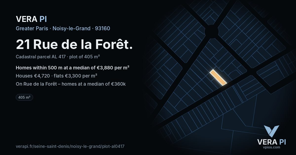 21 Rue de la Forêt, Noisy-le-Grand at night – the plot lit, the parcels around coloured by the prices near them