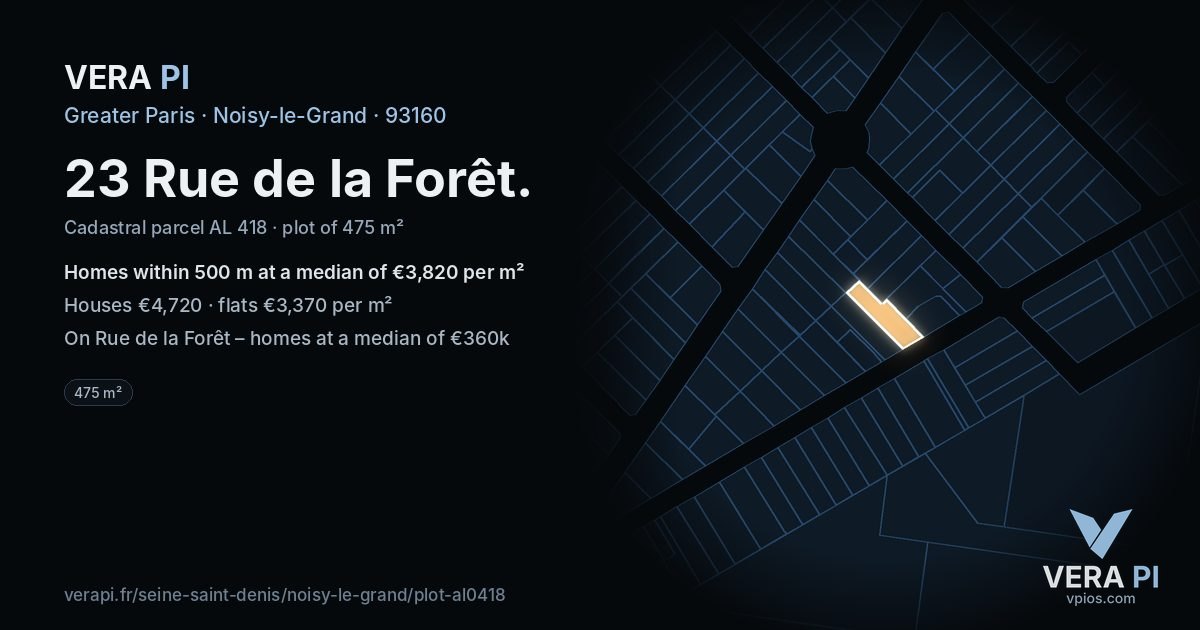 23 Rue de la Forêt, Noisy-le-Grand at night – the plot lit, the parcels around coloured by the prices near them