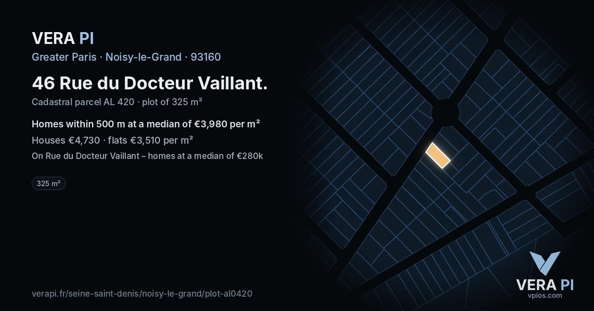 46 Rue du Docteur Vaillant, Noisy-le-Grand at night – the plot lit, the parcels around coloured by the prices near them