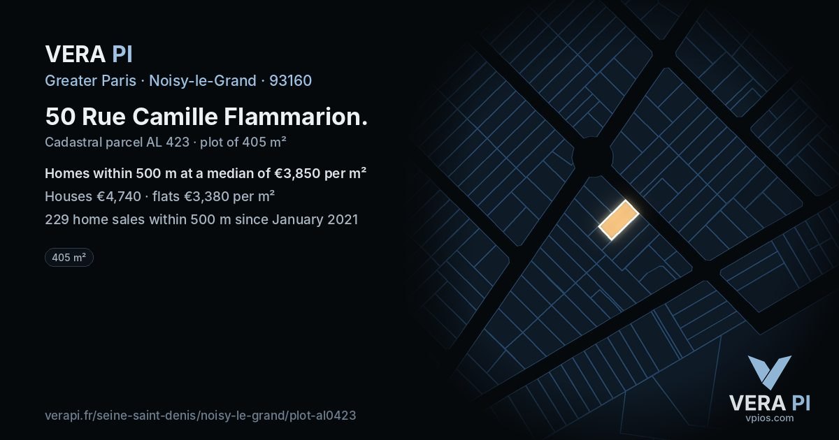 50 Rue Camille Flammarion, Noisy-le-Grand at night – the plot lit, the parcels around coloured by the prices near them