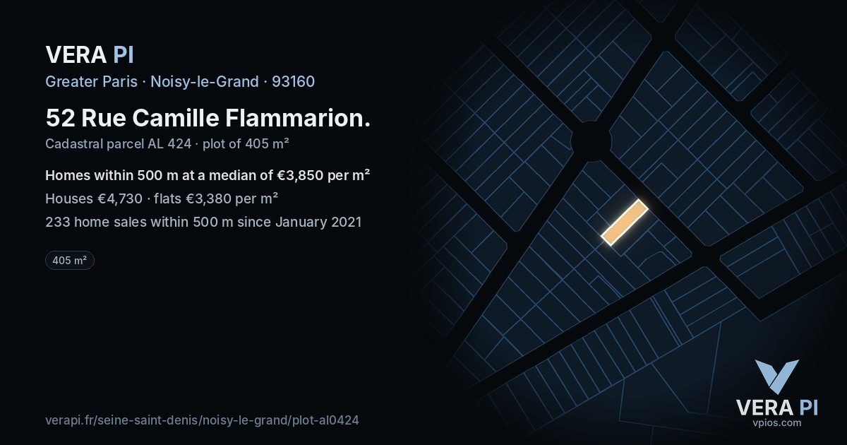 52 Rue Camille Flammarion, Noisy-le-Grand at night – the plot lit, the parcels around coloured by the prices near them