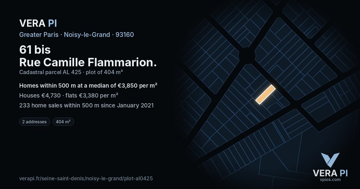 61 bis Rue Camille Flammarion, Noisy-le-Grand at night – the plot lit, the parcels around coloured by the prices near them