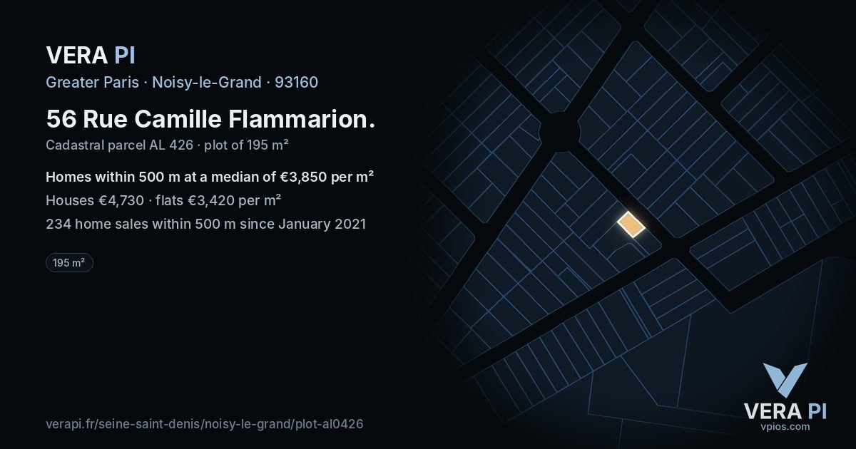 56 Rue Camille Flammarion, Noisy-le-Grand at night – the plot lit, the parcels around coloured by the prices near them