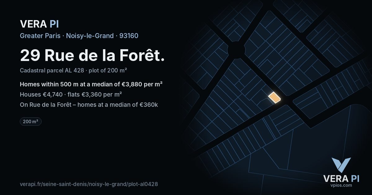 29 Rue de la Forêt, Noisy-le-Grand at night – the plot lit, the parcels around coloured by the prices near them