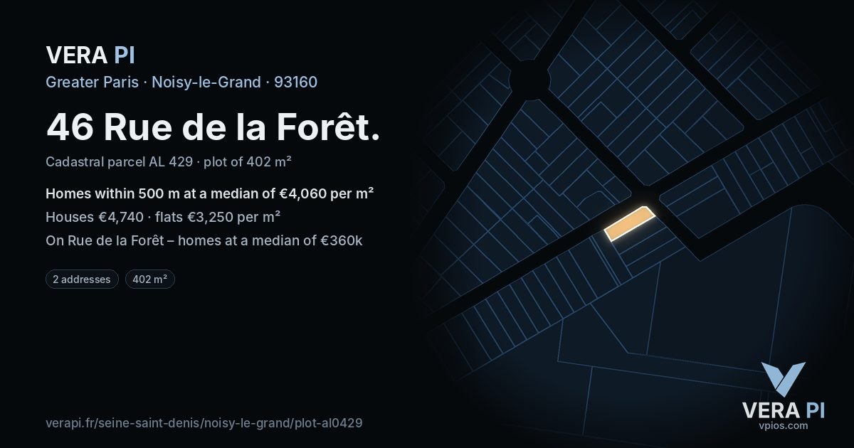 46 Rue de la Forêt, Noisy-le-Grand at night – the plot lit, the parcels around coloured by the prices near them