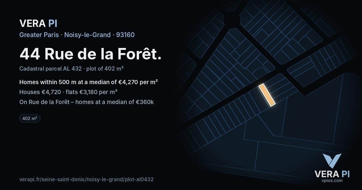 44 Rue de la Forêt, Noisy-le-Grand at night – the plot lit, the parcels around coloured by the prices near them