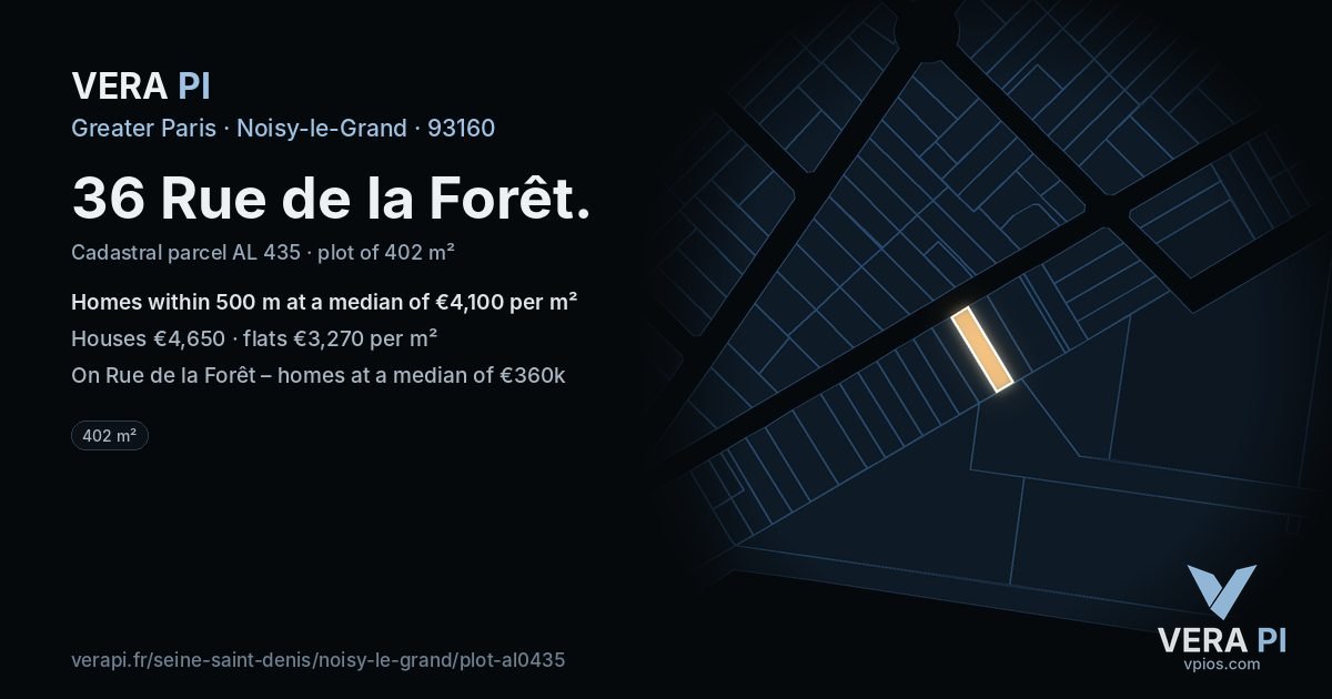36 Rue de la Forêt, Noisy-le-Grand at night – the plot lit, the parcels around coloured by the prices near them