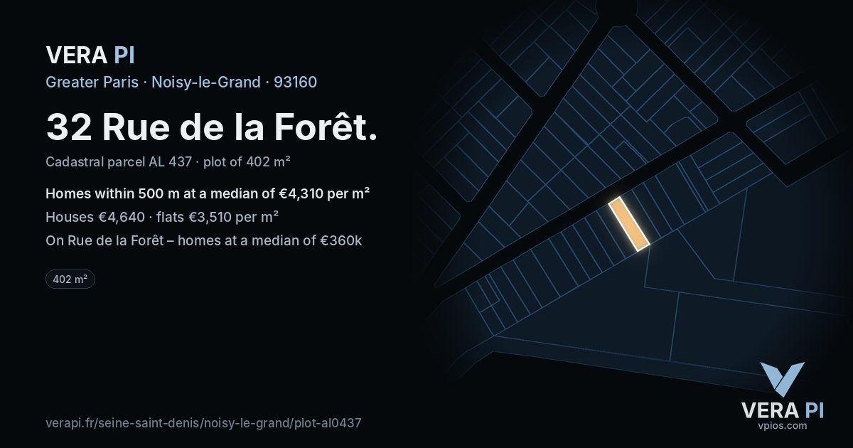 32 Rue de la Forêt, Noisy-le-Grand at night – the plot lit, the parcels around coloured by the prices near them