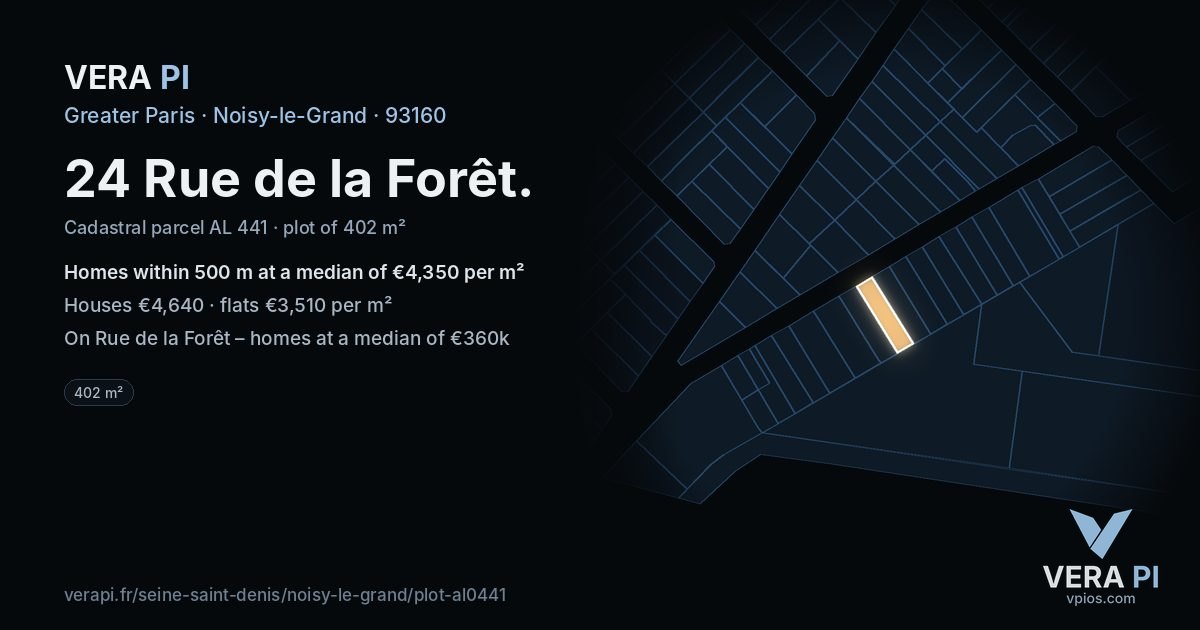 24 Rue de la Forêt, Noisy-le-Grand at night – the plot lit, the parcels around coloured by the prices near them