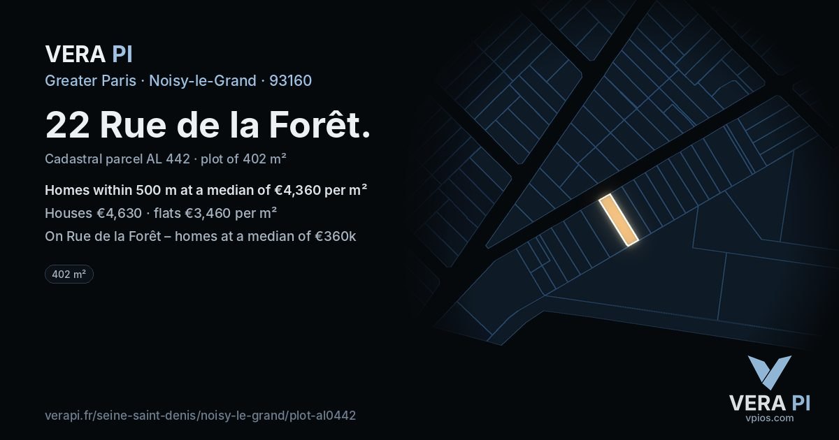 22 Rue de la Forêt, Noisy-le-Grand at night – the plot lit, the parcels around coloured by the prices near them