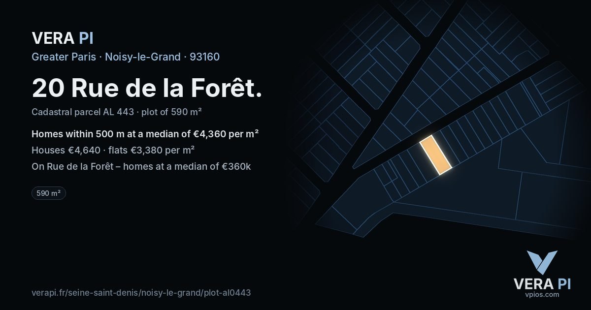 20 Rue de la Forêt, Noisy-le-Grand at night – the plot lit, the parcels around coloured by the prices near them