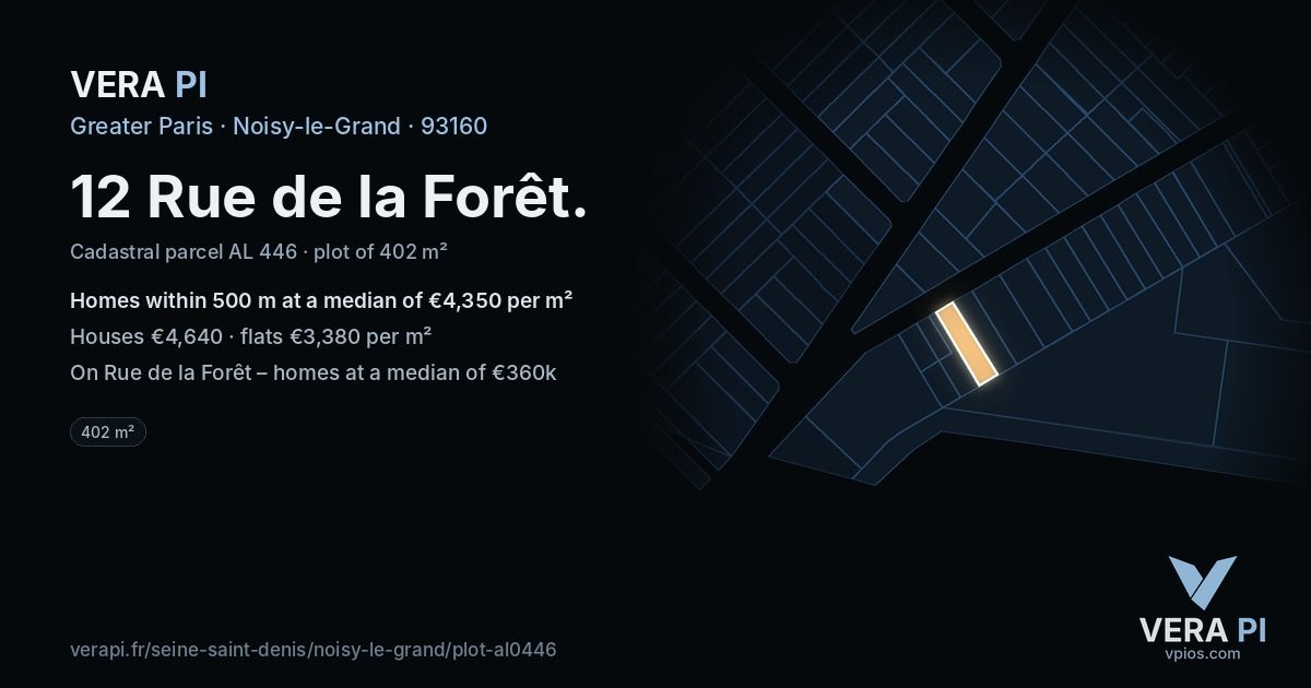 12 Rue de la Forêt, Noisy-le-Grand at night – the plot lit, the parcels around coloured by the prices near them