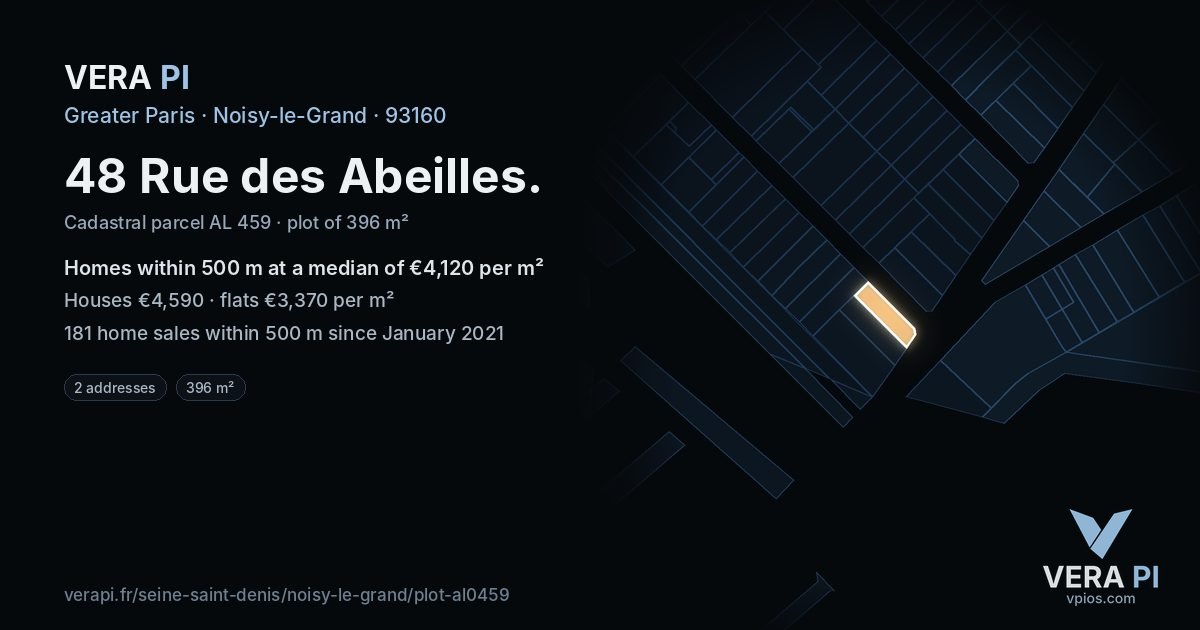 48 Rue des Abeilles, Noisy-le-Grand at night – the plot lit, the parcels around coloured by the prices near them