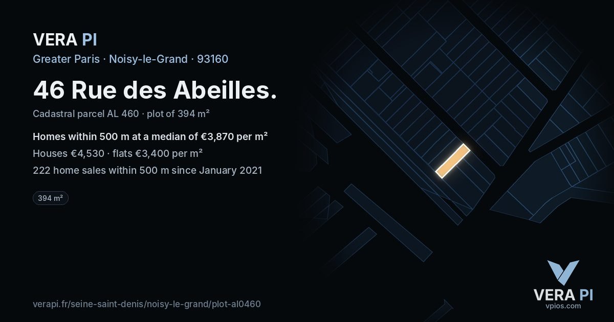 46 Rue des Abeilles, Noisy-le-Grand at night – the plot lit, the parcels around coloured by the prices near them