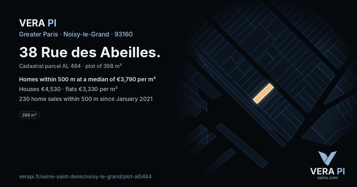 38 Rue des Abeilles, Noisy-le-Grand at night – the plot lit, the parcels around coloured by the prices near them