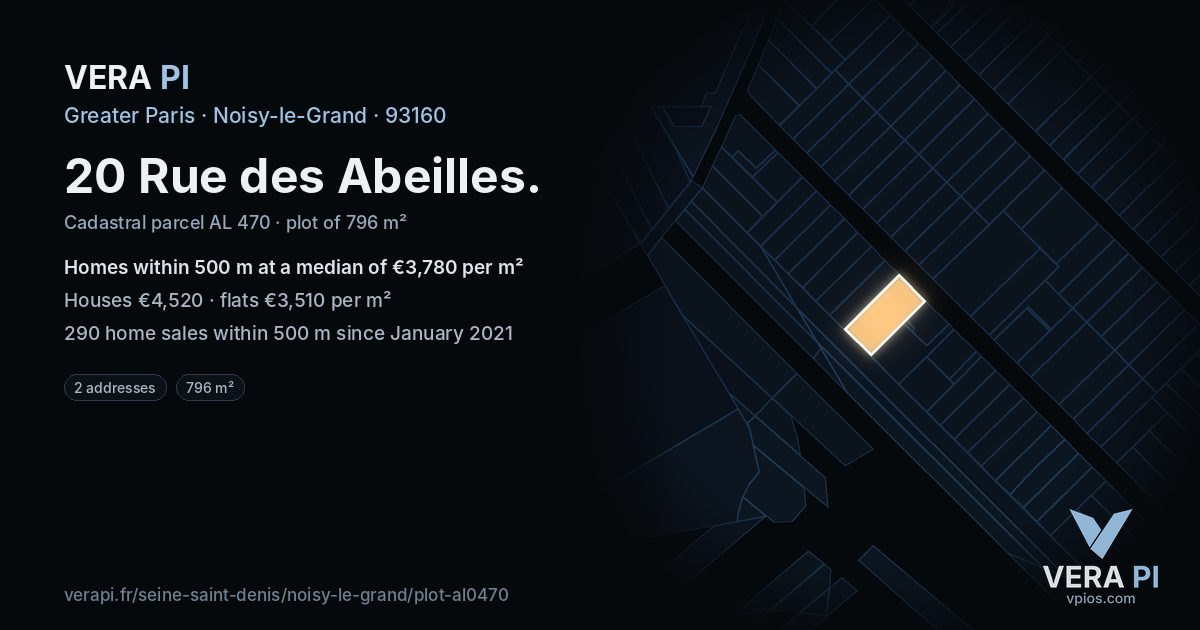 20 Rue des Abeilles, Noisy-le-Grand at night – the plot lit, the parcels around coloured by the prices near them