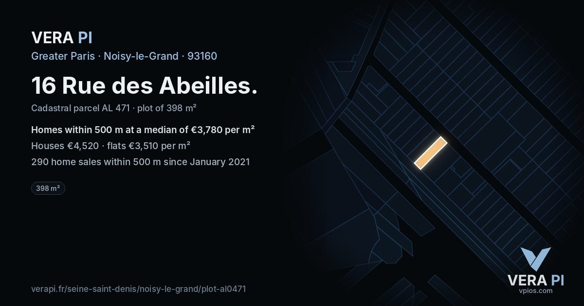 16 Rue des Abeilles, Noisy-le-Grand at night – the plot lit, the parcels around coloured by the prices near them