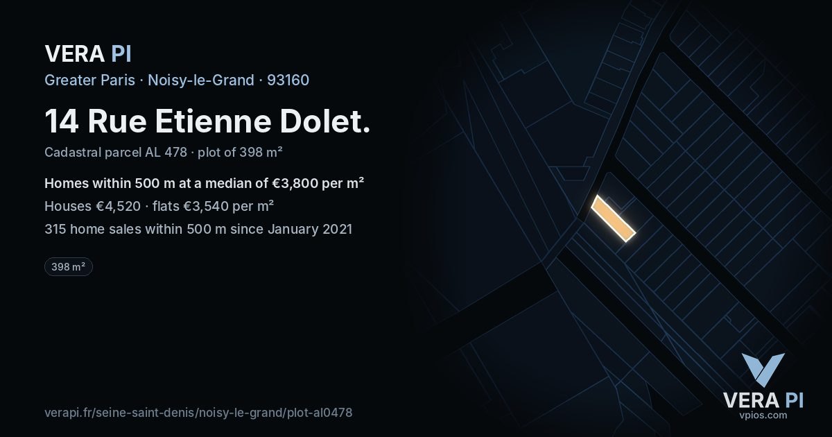 14 Rue Etienne Dolet, Noisy-le-Grand at night – the plot lit, the parcels around coloured by the prices near them