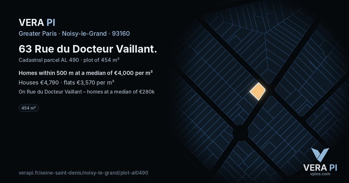 63 Rue du Docteur Vaillant, Noisy-le-Grand at night – the plot lit, the parcels around coloured by the prices near them