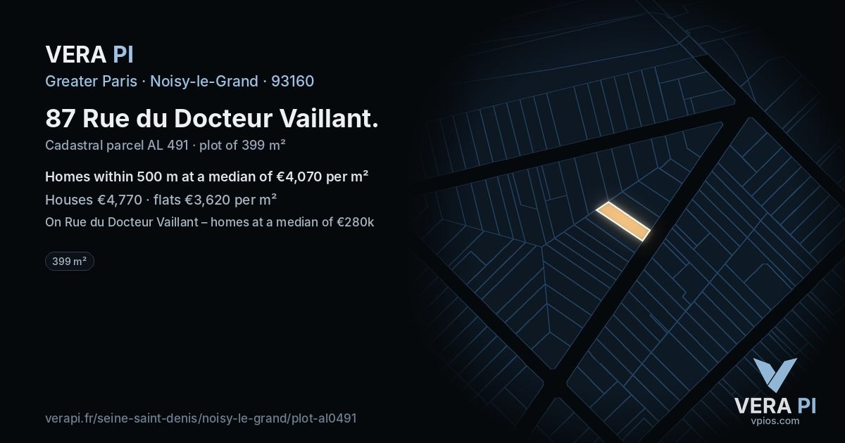 87 Rue du Docteur Vaillant, Noisy-le-Grand at night – the plot lit, the parcels around coloured by the prices near them